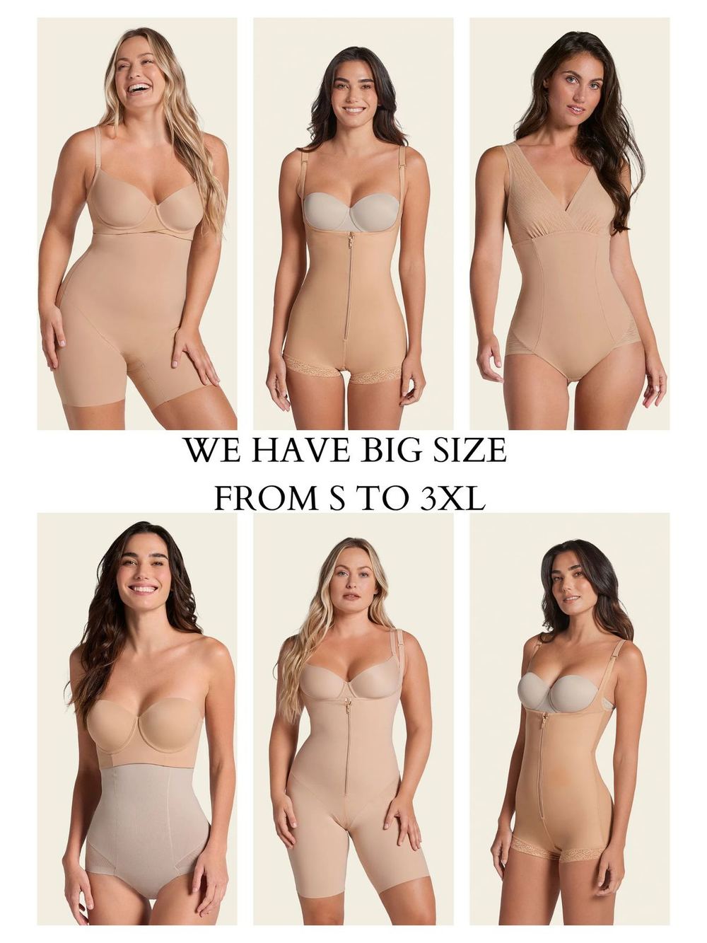 Sáu người mẫu Leonisa với dòng chữ We have big size from S to 3XL — đủ size từ S đến 3XL