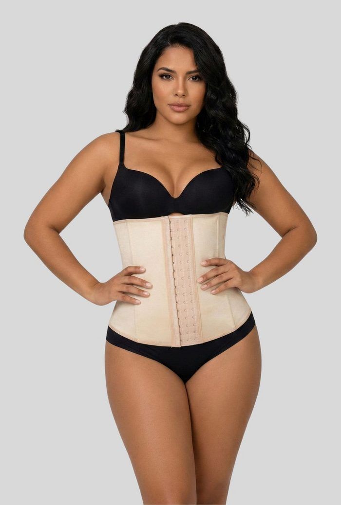 Người mẫu mặc đai nịt bụng Valerie 5079 màu da của Vedette — 3 hàng móc, latex 3 lớp